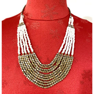 Beaded Multi Strand Bib Statement Necklace Boho White Faux Pearls Gold Metallic